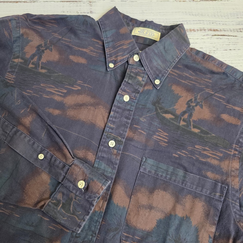 Cotton Brothers Vintage‎ Long Sleeve Button Down Shirt Medium Purple Fly Fishing